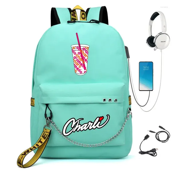 Backpack Harajuku Charli d'Amelio Sacos de estudantes USB Sacos de escola unissex Oxford Oxford Waterproof Notebook Multifunction Backpacks