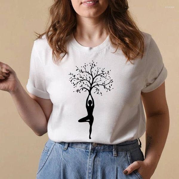 Frauen T-Shirts Yoga Baum Baumwoll T-Shirt Witzige Frauen Sport Training T-Shirt ästhetische Hipster Meditation Top Tee