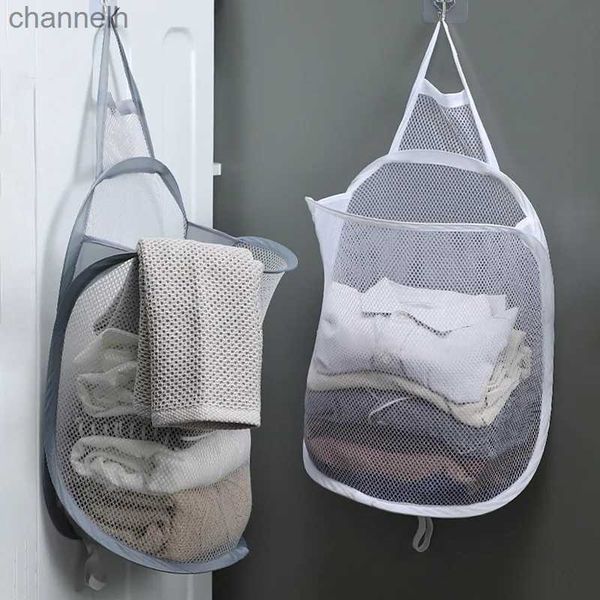 Cesti di stoccaggio vestiti sporchi Borsa da stoccaggio cesto secchio pieghevole pieghevole in maglia per lavanderia da bagno Organizzatore di abbigliamento per la casa con ganci YQ240407