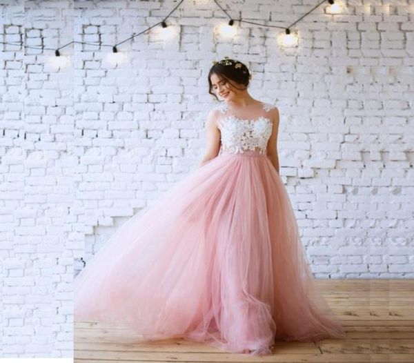 2017 New Romantic A Long Bridesmaid Kleider Applique Weiß und rosa Tüll formelle Partykleider Robe de Soiree1956094