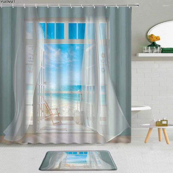 Duschvorhänge 2pcs Strand Fenster Sea View Vorhang Grüne Weinblumen Wasserfall Landschaft Badezimmer Nicht-Schlupf-Badematte Set