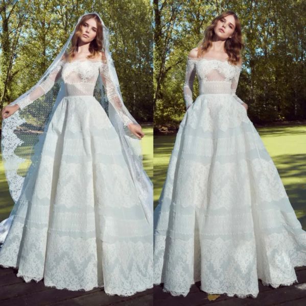 Vestidos 2019 zuhair murad renda vestidos de noiva com mangas compridas fora do ombro, vestidos de noiva aplicados