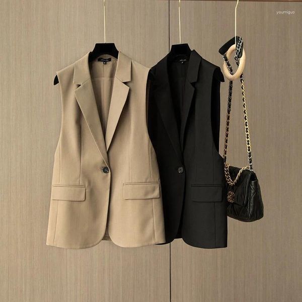 Frauenwesten elegante lange Frauen 2024 Spring Schwarz Beige Khaki ärmelloses Mantel Büro Dame Weste Kicke Strickjacke Sommerjacke Weste Frau