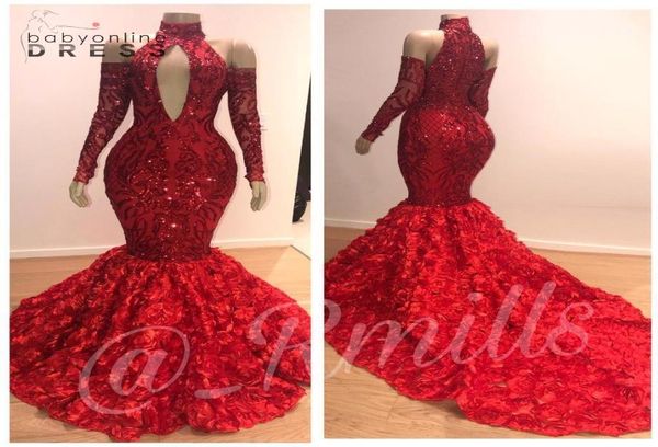 Glamouröse rote Pailletten -Spitzen -Prom -Kleider Vintage Hals Hals Langarm 3D Blumen Langes Zug Abend Partykleider BC07679599922