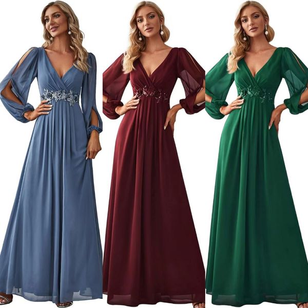 Damen Langarm Chiffon V-Ausschnitt staubige blaue Mutter der Brautkleider mit Spitzenflügel a-line staubig blau bodenlangen eleganten Kleid im Herbst Hochzeits Gast für Frauen