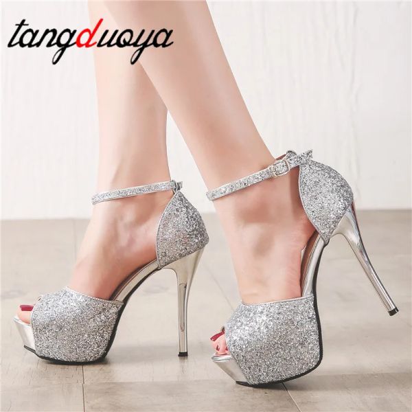 Botlar Platform Sandallar Peep Toe Topuklu Gümüş Ayakkabı Parıltılı Topuklar Mary Jane Ayakkabı Tacones Extreme High Topuklu Stilettos Ayakkabı Kadınlar İçin