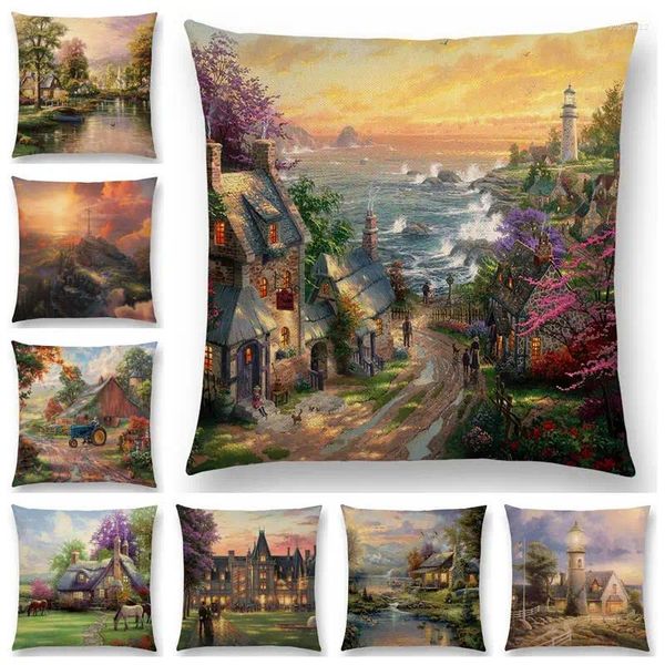 Pillow Forest Rivers Countryside Cabin Fields Gardens Scenery Painting Oil Painting Fairy Tale Lighthouse Bella copertina