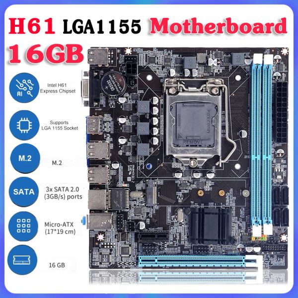 Materie H61 Madri H61 LGA 1155 DDR3 Memoria 16GB MATX Desktop MainBord per LGA1155 Società Core I3 I5 I7 CPU HDMI VGA Scheda principale