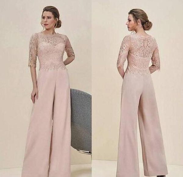 Bescheidene Overalls -Lace Mutter der Braut Hose -Anzüge Batteau Nacken Halbärmel Hochzeit Gastkleid Chiffon Plus Größe Mütter Bräutigam 4144411