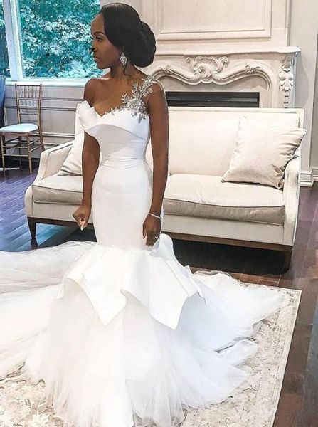 2021 Africane Black Girls Mermaid Wedding Dresses Sexy One Spalla da sposa abiti da sposa in perline di cristallo 2472471