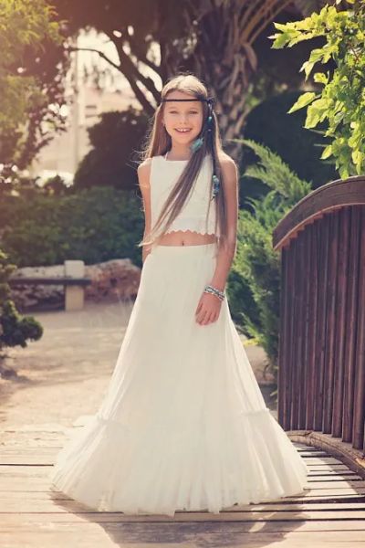 Abiti BOHO Chic Flower Girl Dresses 2017 Vintage 2 pezzi abiti da damigella d'onore da damigella lunghezza bohémien 1a comunione abito per piccolo g