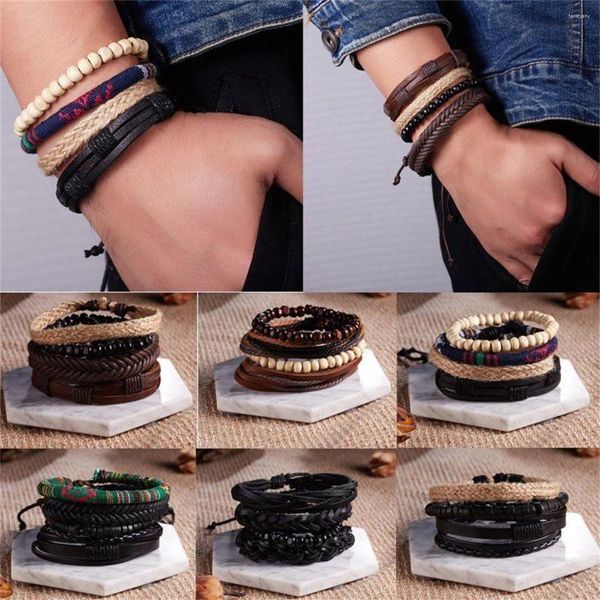 Charm Bracelets handgefertigt gewebte PU -Leder für Männer Mode Vintage Mehrschicht geometrische Holzperlen Armband Armreifen Armband Schmuck Schmuck