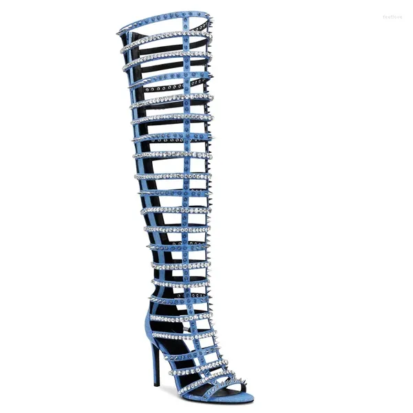 Sandals Outdoor Hollow Out Women Over the Knee Crystal Boots Summer High Heel Jean Shoes Sexy Lady