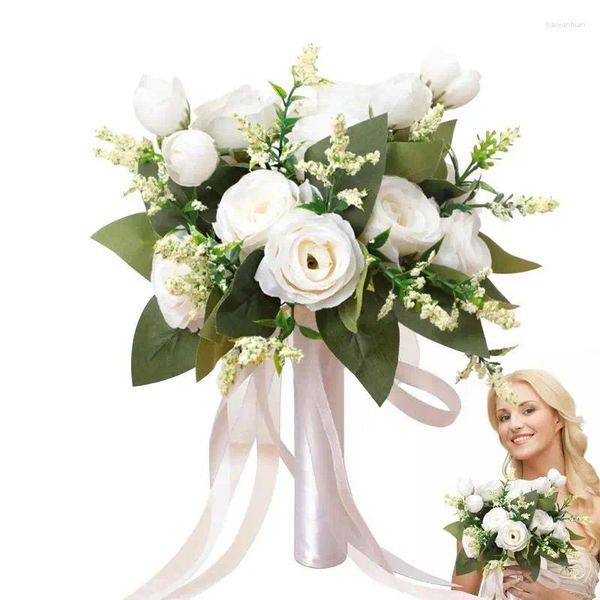 Dekoratif çiçekler yapay gül ipek beyaz güller çiçek buketleri takım elbise düğün gelin tutma
