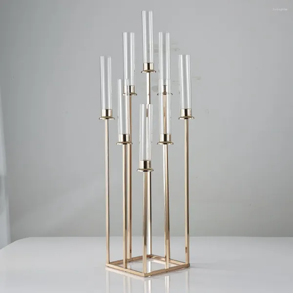 Titulares de vela 5pcs 10pcs 8heads 9heads Gold Acrílico Pillar Candles Metal Stand para a passarela de decoração de fase de casamento