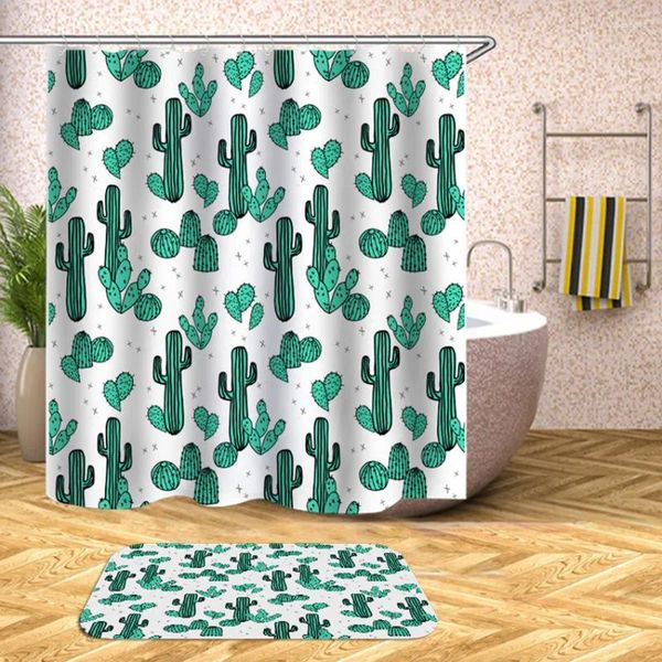 Cortinas de chuveiro Curva impermeável Cactus Flores de banho Banho para banheira Tampa de banho de banho extra grande larga com ganchos de 12 pcs