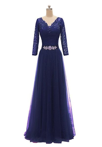 Capped v Hals Lang Abendkleider 2019 Langarmes Abendkleider Empire Taille Party Kleid Purple Marine Blue9014706