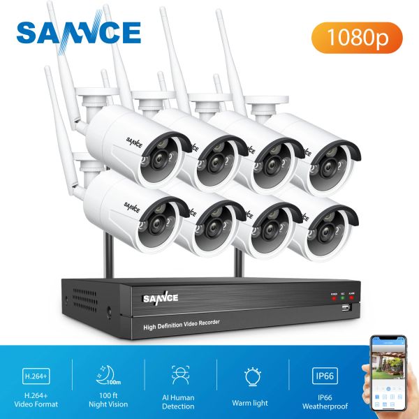 System Sannce 8ch NVR Ultra HD 2MP CCTV Wireless System IP66 Outdoor AI Human WiFi IP -Überwachung Kamera Set Videoüberwachung Kit