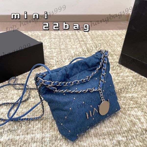 Designer -Marke Klassiker Mini Blue Denim Rivet 22 Shopper Coin Bags Silber Kette Gurt Crossbody Schulterhandtaschen mit Buchstaben ol Trends Beutel Luxus Geldbeutel 17x18cm