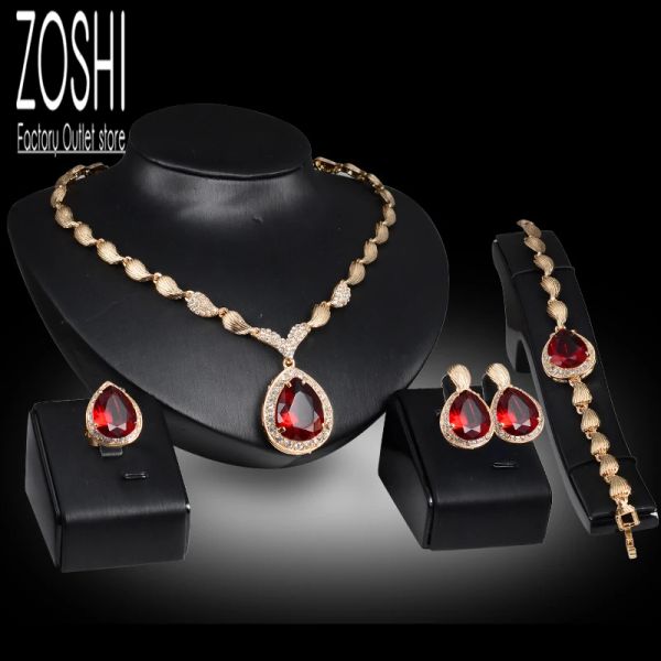 Armbänder Frauen Schmuck Set Hochzeitsfeier Wasser Drop Red CZ Kristall Halskette Ohrringe Armband Ring Indian Gold Platted Schmuckset