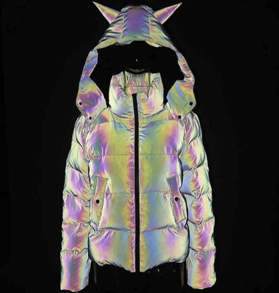 Frauen Winter Regenbogen reflektierender Horn Parkas Bubble Copper Puffer Bling Luminous Niedliche Kapuze -Down -Jacke Outcoat279S5076189