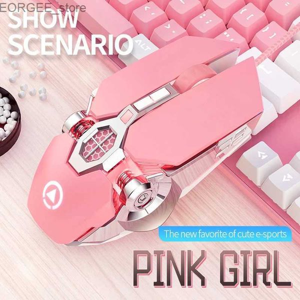 Ratos com fio Mouse Pink Game RGB GLOW Girl fofo e-esportes e-esportes silenciosos mouse em casa acessórios para laptop de escritório 3d CE Y240407