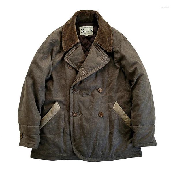 Jaquetas masculinas revestem o óleo de cera de cera dupla espessa à prova d'água de outono de inverno motocicleta de jaqueta de ervilhas vintage roupas