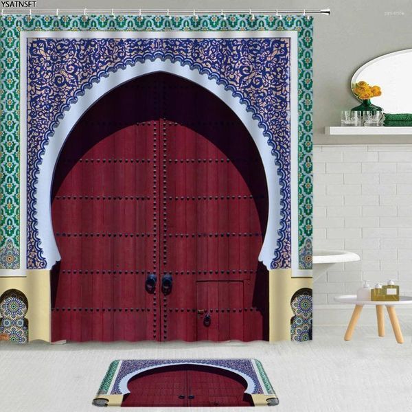 Tende da doccia 2 pezzi di archi marocchini tende architettura vintage vecchia porte muro di pietra non slittata vasca da bagno set da bagno decorazione