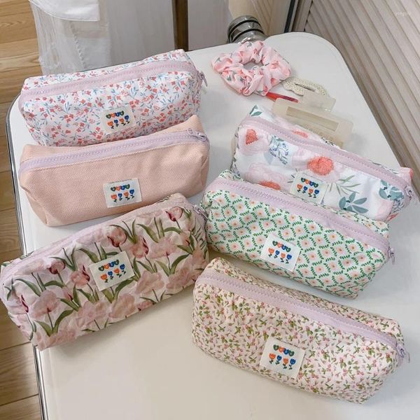 Bolsas de cosméticos pequenos algodão floral maquiagem bolsa organizadora para pincéis para aluno case de lápis feminino bolsas higineses