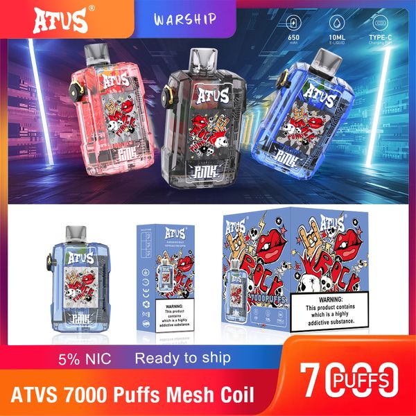 Original ATVS 7000 7K Puff wiederaufladbare Einweg -Vape -Stift -Zigarette Dual Mesh Coil 10ml Vorgefüllte 650 -mAh -Batterie