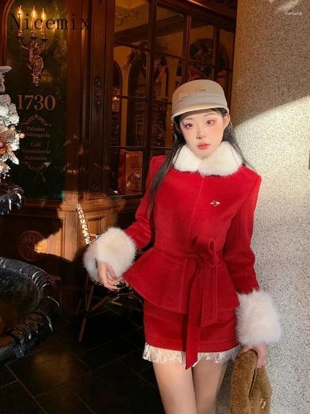 Arbeitskleider koreanische Modekleidung Winter rotes Taille eingewickeltes Riemen Schlanker Wollmantel