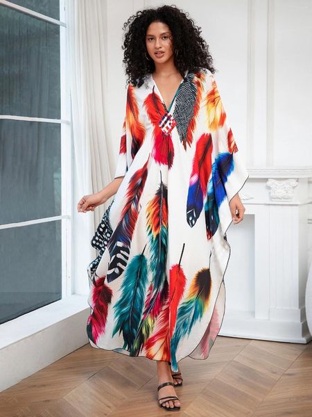 Sommer farbenfrohe Feder gedruckt Plus Size Kaftan Casual Badeanzug Cover up Frauen V-Ausschnitt Batwing-Ärmel Loose Beachwear Q1634