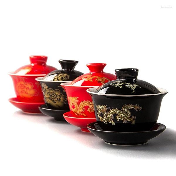 Cups Untertassen Chinesische Tureen Cup Keramik Teekanne Teekessel Drache/Pfingstrosenstil Sets Hochzeitsgeschenk für Freunde