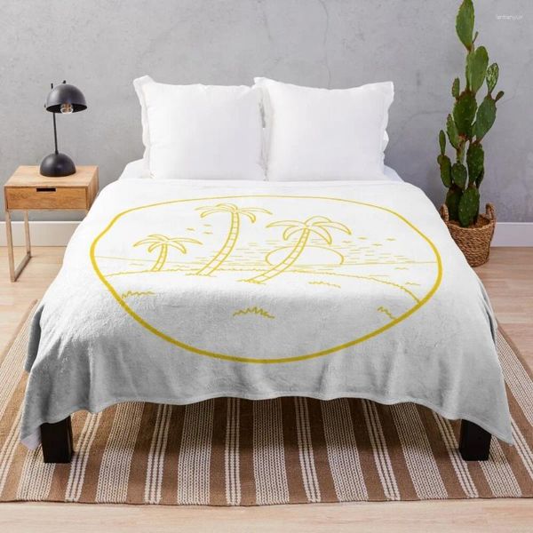 Cobertores Hawaii Beach Summer Line Art in Circle Circle Sea Sun Palm Tree Desenho desenho animado Halloween Peur Luxo Throw Planta