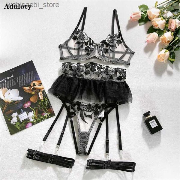 Set sexy Aduloty Womens biancheria intima sexy Black Flower Gonna ricamato ricamato Gonna a quattro pezzi in maglia sottile Bragera seducente set di reggiseno seducente L2447