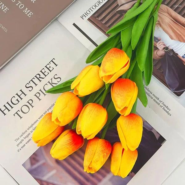 Flores decorativas 10 PCs Pu Touch Tulips Real Tulips Artificial Orange Buquês Falsos para Decoração de Casamento do Escritório de Quarto