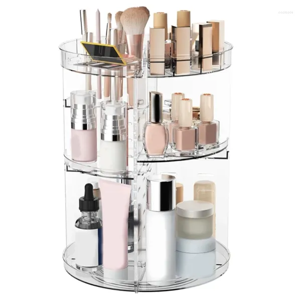 Caixas de armazenamento 360 Organizador de maquiagem rotativo com slot top Cosmetics prateleira camada ajustável