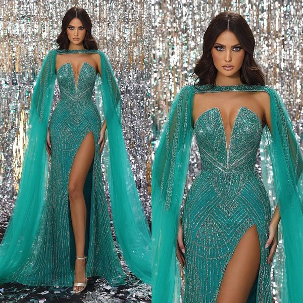 Türkisgrüne Kristall Abendkleider elegant mit Wrap v Hals Prom Kleid Oberschenkel Split Perlen formelle Kleider für Frauen