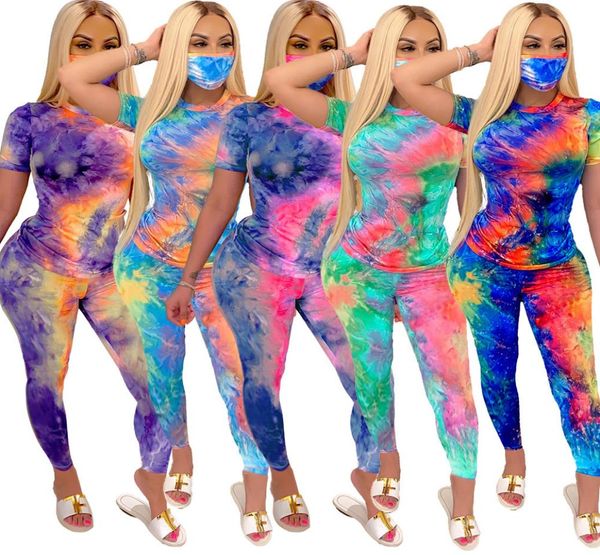 Frauen zweiteilige Sets Outfits Designe Tracksuits Krawatte Dye Maske Kurzarm T -Shirt enge lange Hosenanzug Nacht Club Party Matching 3278389