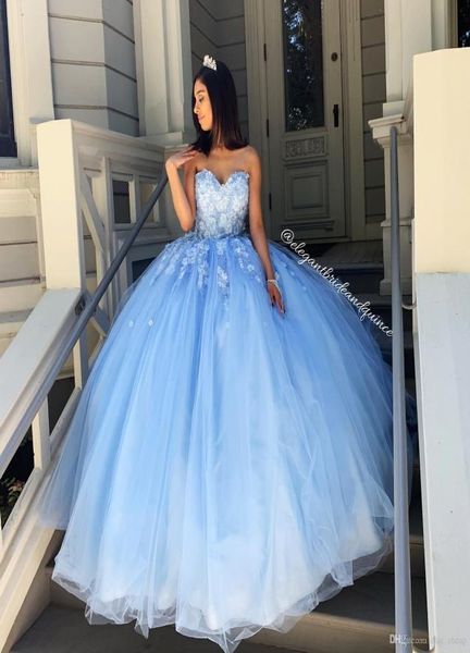 2021 Princess Sky Blue Blue Simple Sexy Lace Quinceanera Dresses Sweetheart Milled Flowers Flowers Party Sweet 16 17 18 4417094