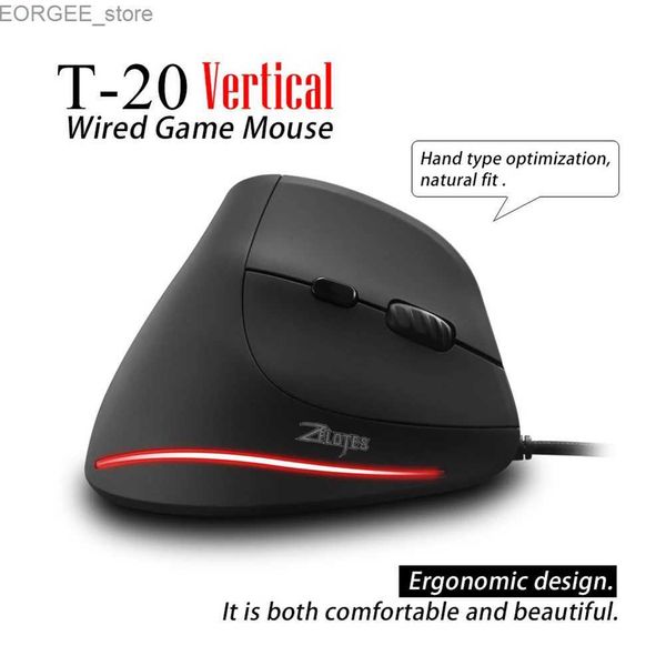 Ratos zelotes t20 usb wired vertical óptica 4 engrenagens 3200 dpi 6 botões para jogos de mouse mouse mouse ergonômico silencioso y240407