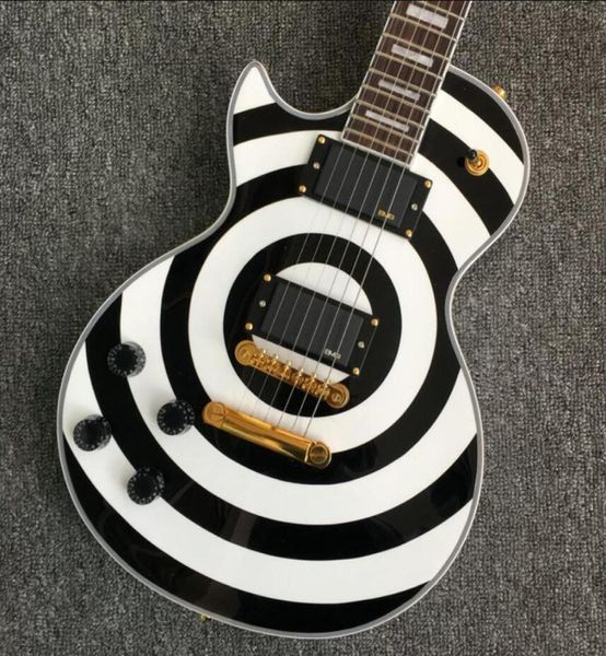 Özel Mağaza Sol Elli Zakk Wylde Bullseye Beyaz Siyah Ele Gitar Kopya EMG Pikaplar Altın Kafa Çubuk Kapağı Altın Grover Tuner1555231