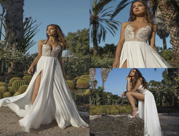 ASAF DADUSH 2019 Abiti da sposa Vintage Crochet Lace Fairy Flow Chiffon Beach Beach Boho Spaghetti Abito da sposa da sposa7389399