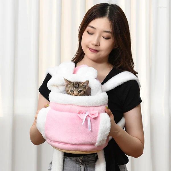 Transportadoras de gatos lã quente lã portátil gatinho peito mochila rosa