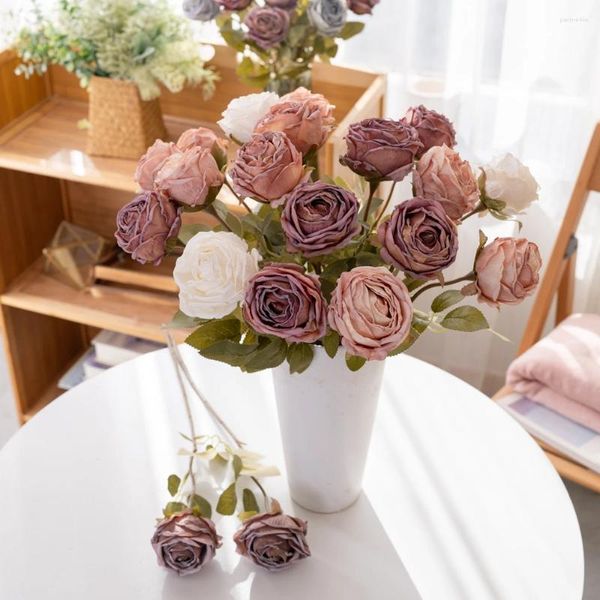 Flores decorativas qsm 10pcs vintage artificial falso ramo único ramo queimado rosas de seda enroladas para decoração de festa de casamento em casa