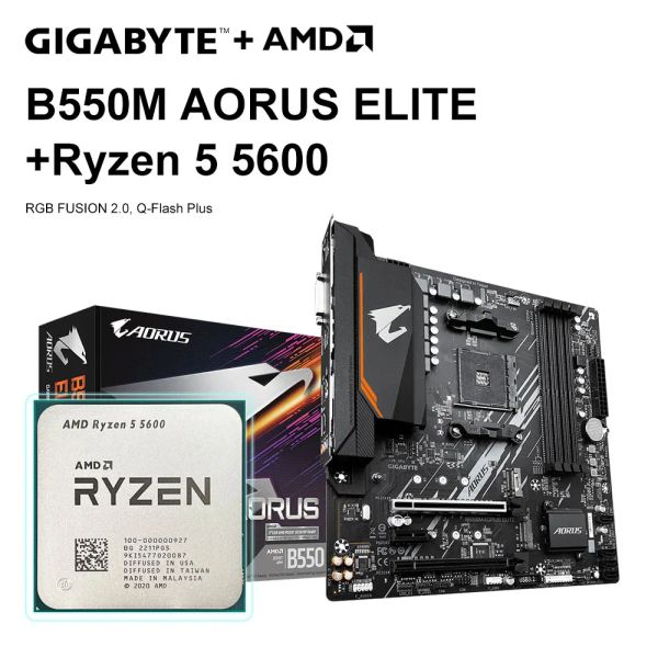 Motherboards AMD Ryzen 5 5600 R5 5600 CPU+Gigabyte B550m Aorus Elite Motherboard Set Socket Am4 DDR4 128 GB M.2 SATA III 4000 (OC) MHz Mainboard
