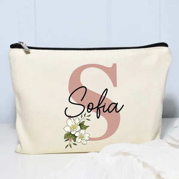 Stume da stoccaggio Nome borsa per trucco Lettera floreale Lettera di matrimonio Regalo regalo Organizzatore estetico Organizzatore di cosmetico Canna personalizzata da donna Penna