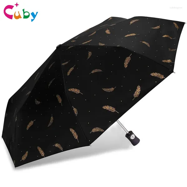 Guarda -chuvas Cuby Mulher dobrável guarda -chuva para chuva sol crianças mini feminino criativo impressão de penas anti -UV Parasol