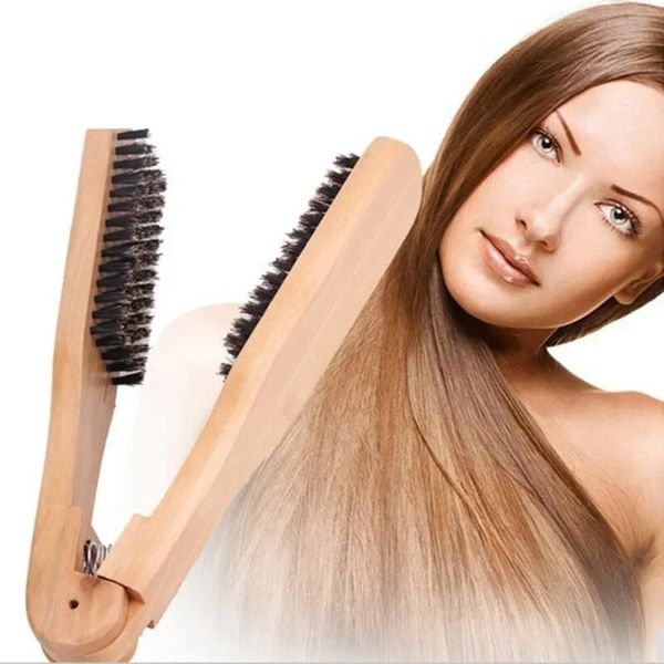 Professionelles Haar glättert Kamm Doppelpinsel Friseur Kamm V Typ Hair Pinsel Holzgriff Antistatische Styling-Werkzeuge