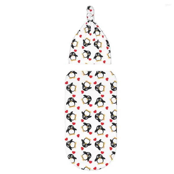 Decken süße Pinguine und LIEBE Pfirsich Baby Swaddle Decke für geborene Empfangen